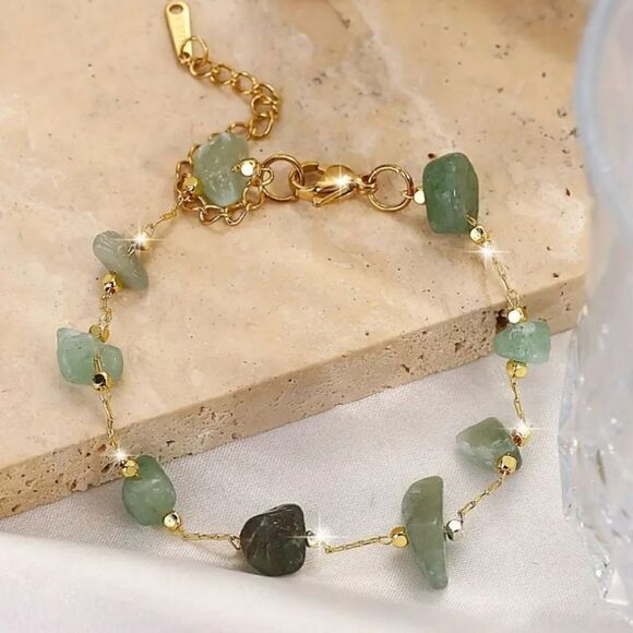 Green Natural Stone Beads Thin Chain Bohemian Style Handcrafted Chain Bracelet - Picture 5 of 6